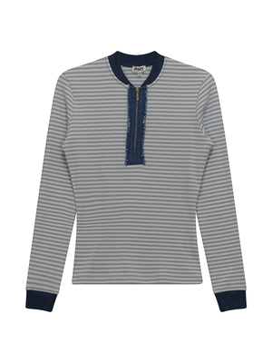 Dot Ribbed Stripped Henley Contrast Tee - Tops