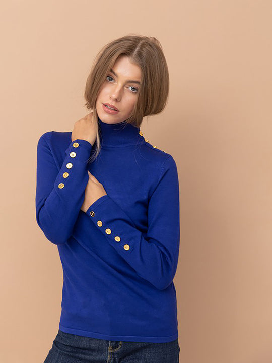 Cielo Turtle Neck Embellished Button Shoulder Knit Sweater Cielo