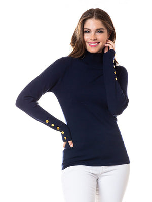 Cielo Turtle Neck Embellished Button Shoulder Knit Sweater Cielo