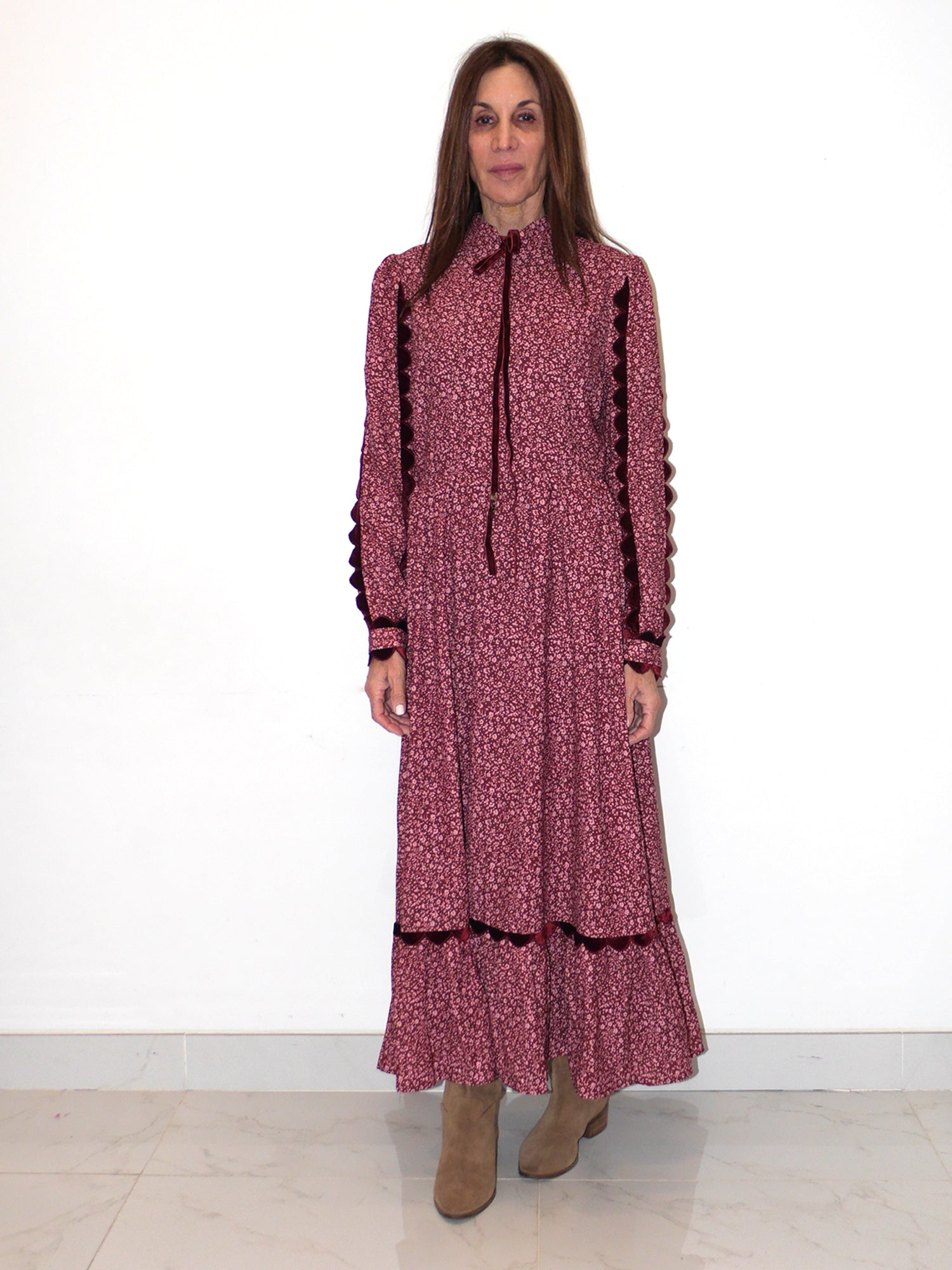 The Odetta Velvet Trim Ruffled Dress - Dresses