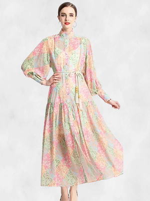 Eterna Long Sleeve High Neck Floral Dress