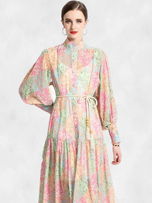 Eterna Long Sleeve High Neck Floral Dress