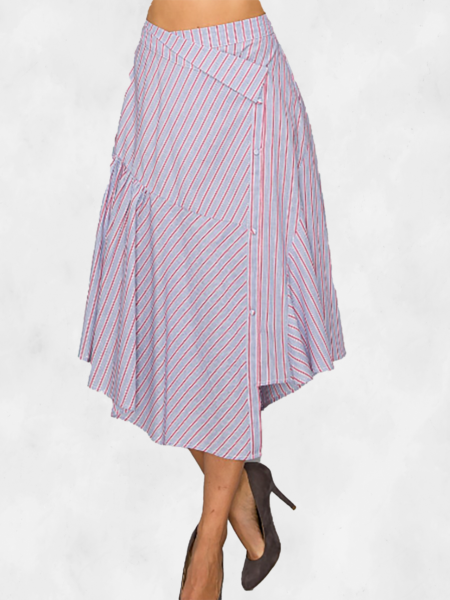 A.Peach Striped Knee Length Midi Skirt