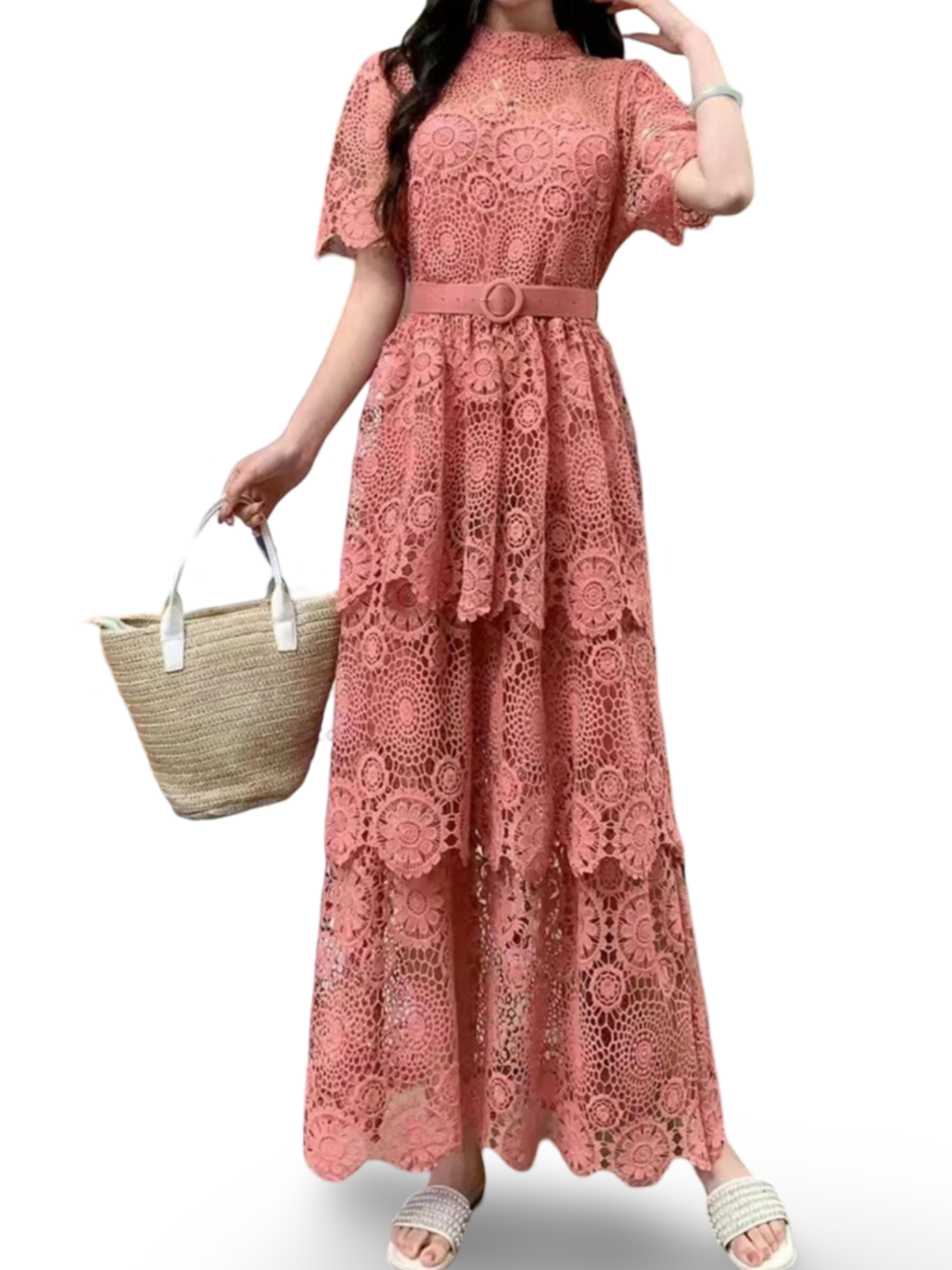 Eterna Lace Round Neck Short Sleeve Bodycon Dress