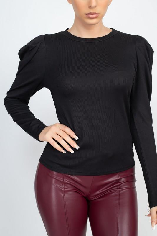 SHOPIRISBASIC Puff Long Sleeve Ribbed Shirt - PinkOrchidFashion