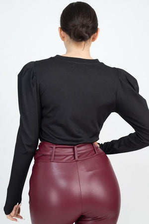 SHOPIRISBASIC Puff Long Sleeve Ribbed Shirt - PinkOrchidFashion