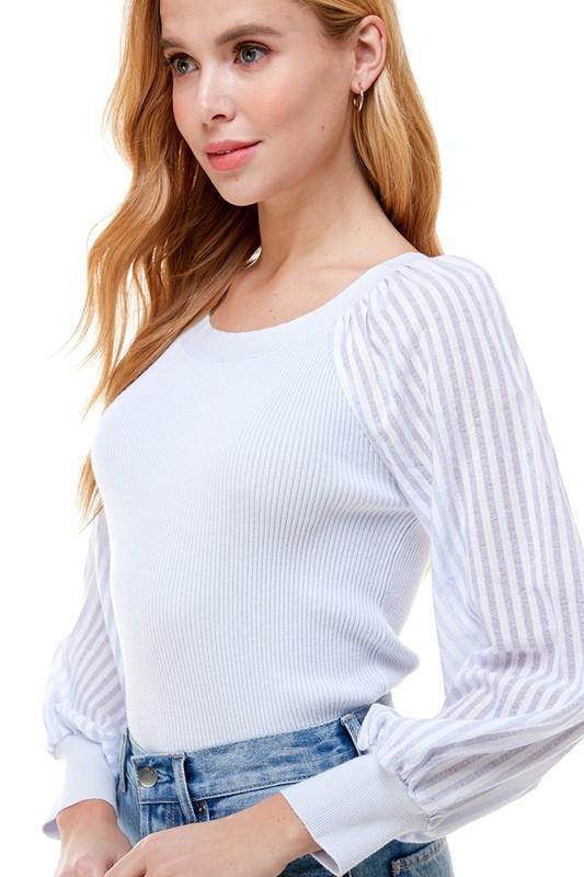 On Twelfth Contrast Long Puff Sleeve Sweater - PinkOrchidFashion