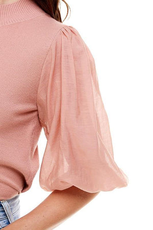 On Twelfth Contrast Bubble Sleeve Sweater - PinkOrchidFashion