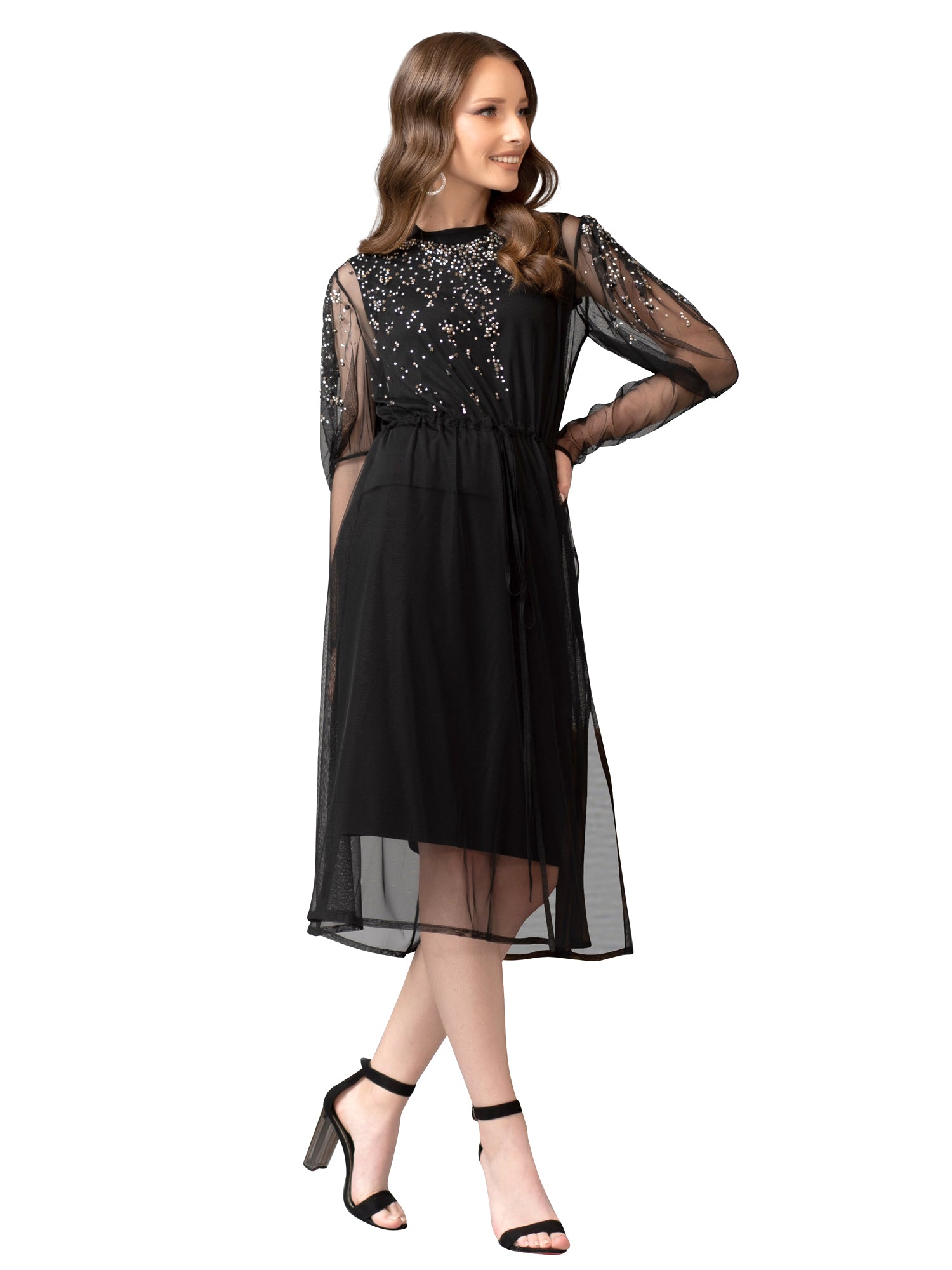 Bianco Nero Studded Puff Sleeve Overlay Dress - Dresses