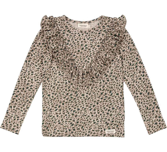 Marmar Copenhagen girls leopard print long sleeve t-shirt with ruffle neckline. 