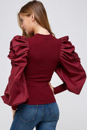 La' Ros Ribbed Bubble Sleeve Top Burgundy