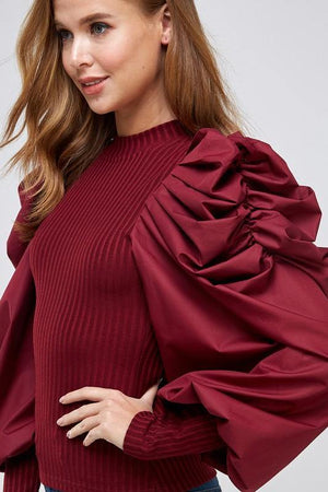 La' Ros Ribbed Bubble Sleeve Top - PinkOrchidFashion
