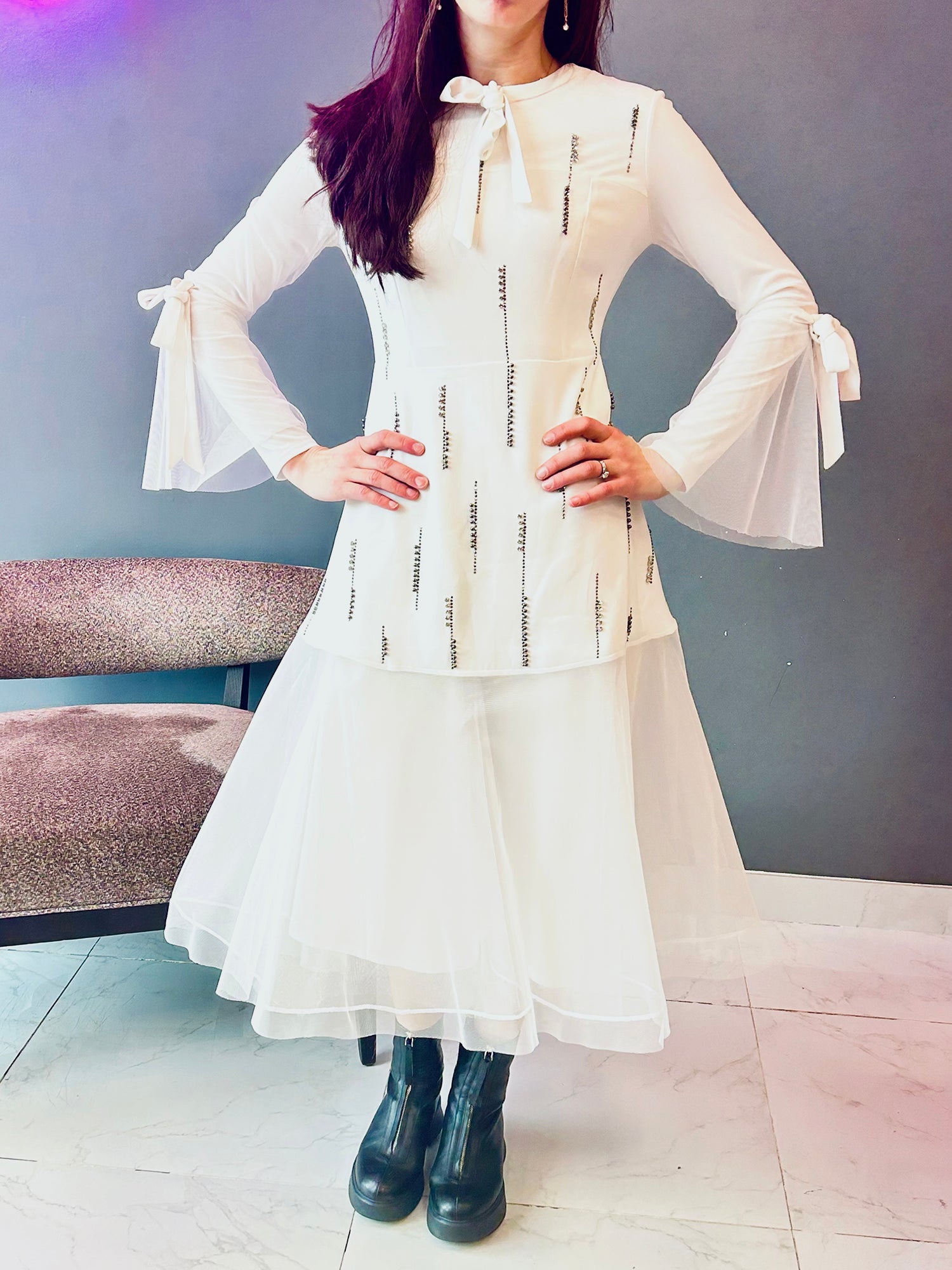 Bianco Nero Plisse Organza Dress - Dresses