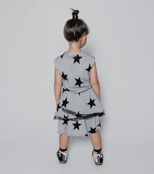 NUNUNU Girls Ice Grey Layered Star Print Cotton Dress