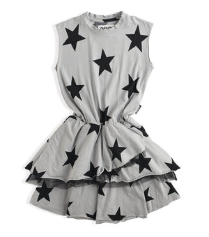 NUNUNU Girls Ice Grey Layered Star Print Cotton Dress