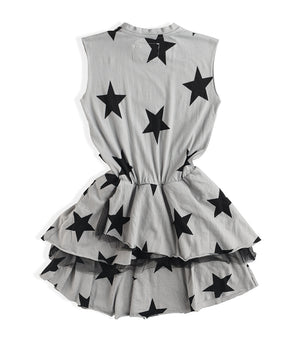 NUNUNU Girls Ice Grey Layered Star Print Cotton Dress