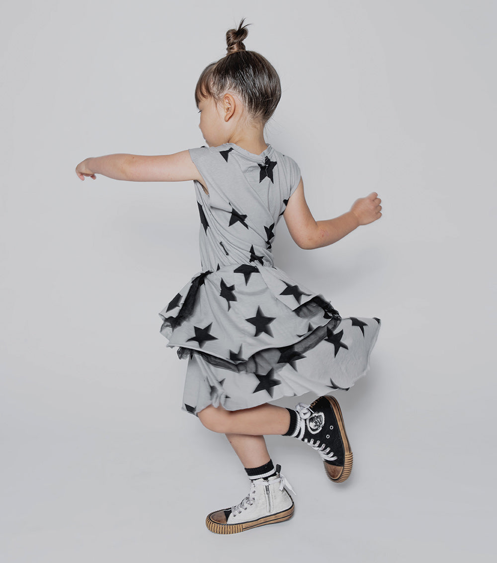 NUNUNU Girls Ice Grey Layered Star Print Cotton Dress