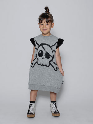 NUNUNU Girls Heather Grey Ruffled Sleeve Cotton Sweat Dress