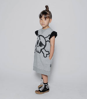 NUNUNU Girls Heather Grey Ruffled Sleeve Cotton Sweat Dress