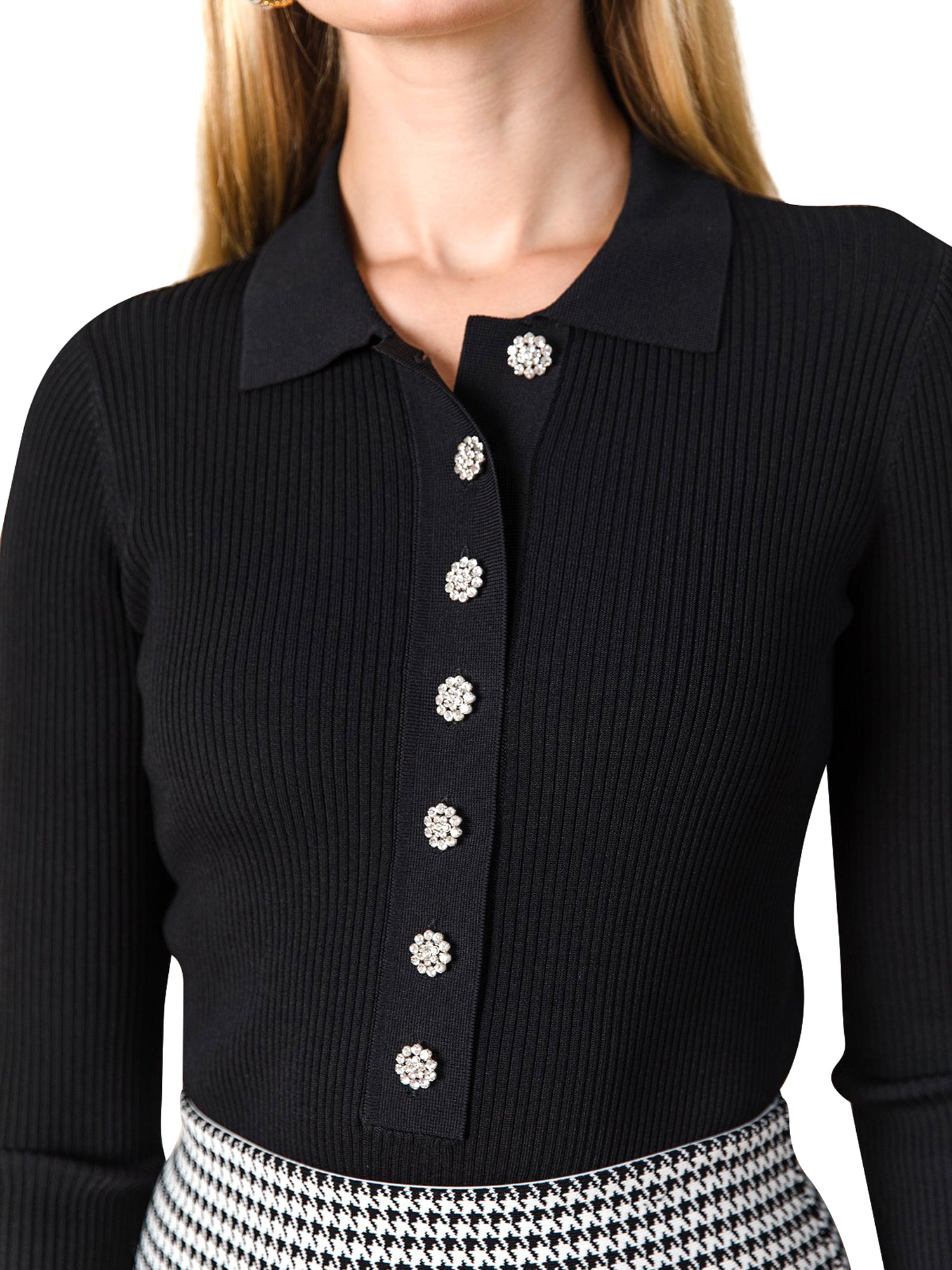 Apparalel Ribbed Polo Crystal Button Top - Tops