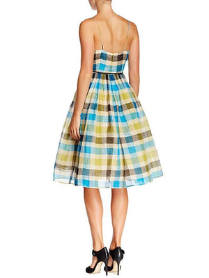 Sara Emanuel V-Neck Plaid Linen Dress Sara Emanuel