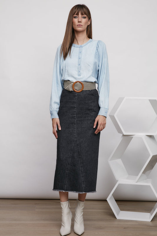 MDRN Zaria Denim Midi Skirt. - Long Skirts