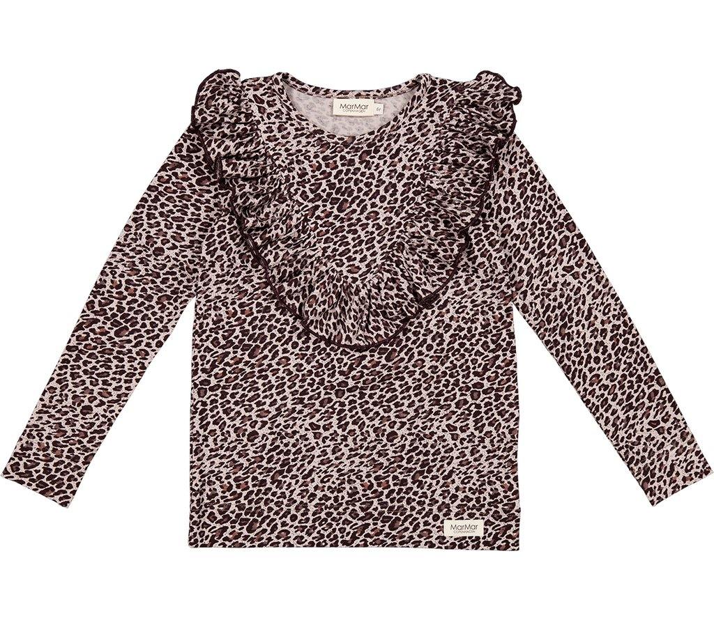 Marmar Copenhagen girls leopard print long sleeve t-shirt with ruffle neckline. 