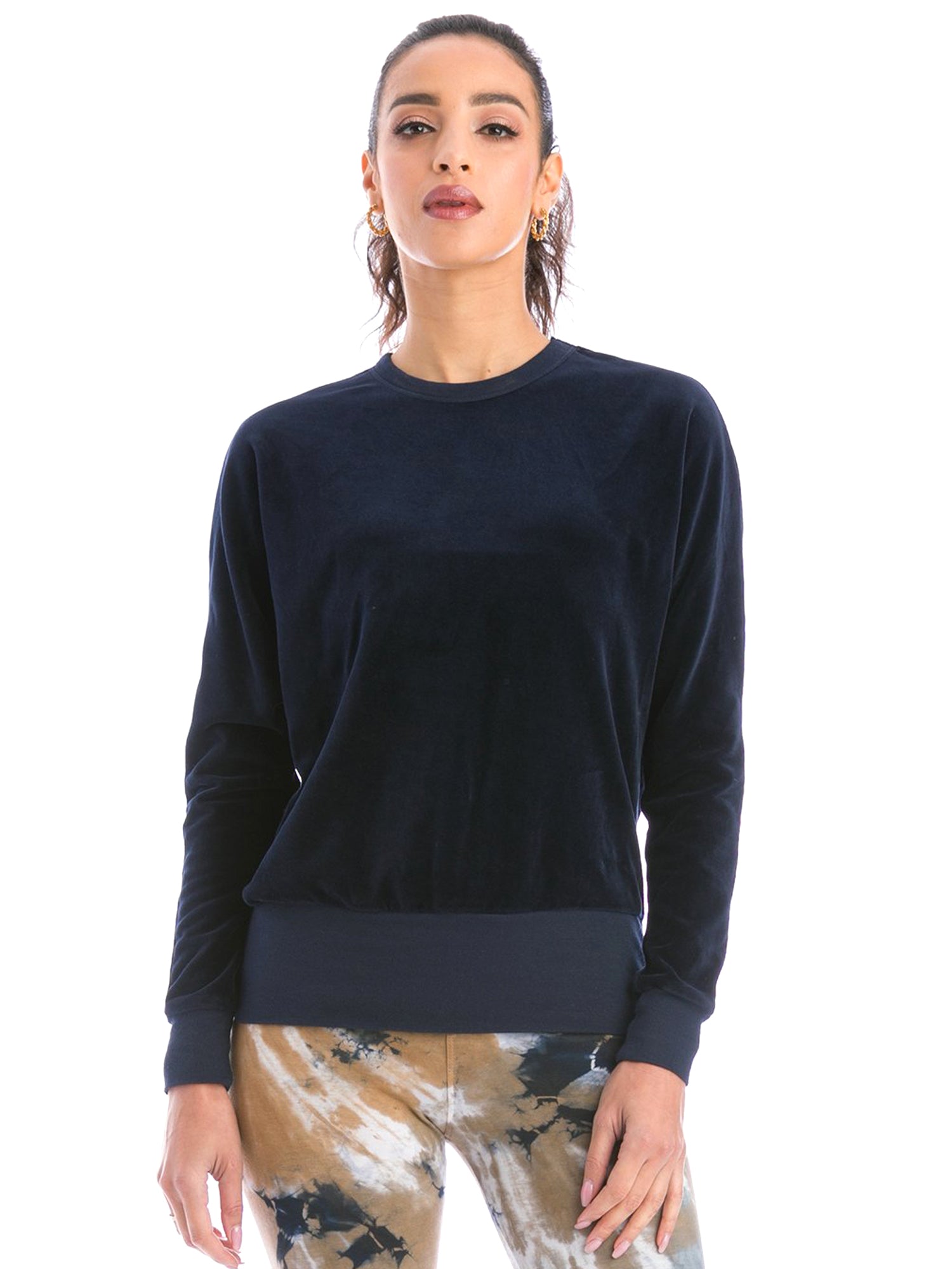 Hard Tail Velour Long Sleeve Banded Pullover Top (V-199) - Tops