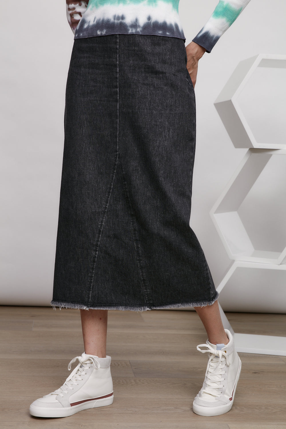 MDRN Zaria Denim Midi Skirt. - Long Skirts